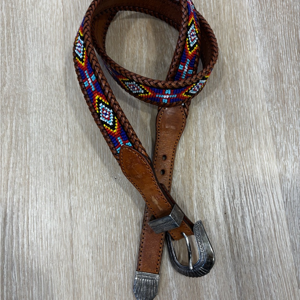 Brown Leather Belt with Beaded Design - Picture 2 of 8